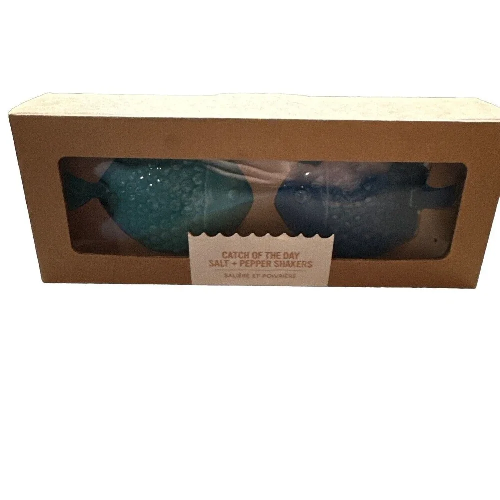 West Elm Salt And Pepper Shakers Catch Of The Day Fish Blue Green Ceramic New